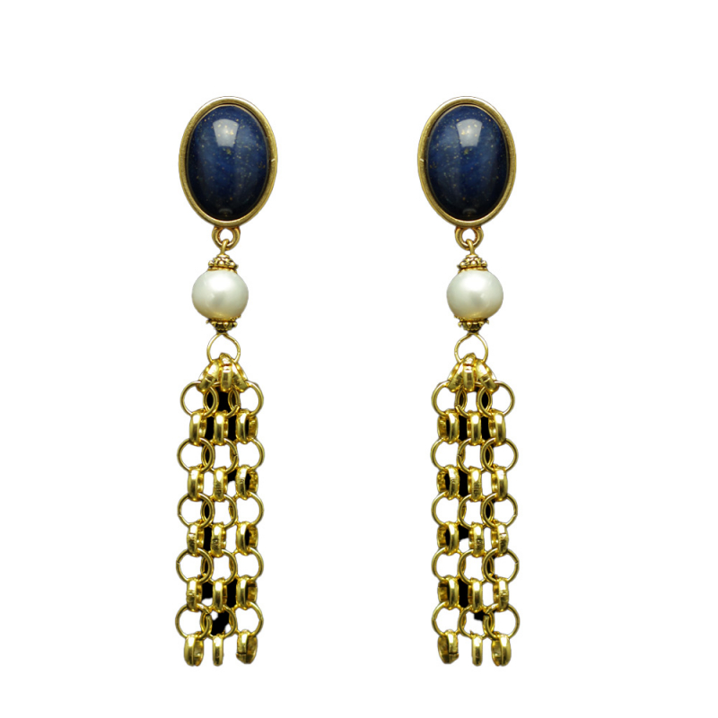Königliche Eleganz: Vergoldete Ohrringe mit Lapis und Süßwasserperlen